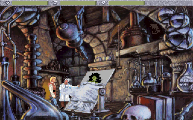 Quest for Glory IV: Shadows of Darkness screenshot Dr. Cranium in lab with monster