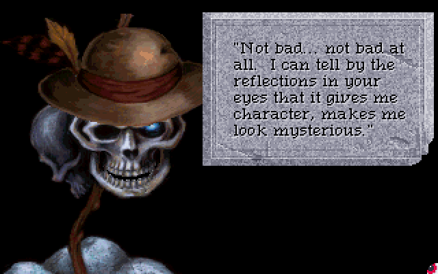Quest for Glory IV: Shadows of Darkness screenshot hatted skull at Baba Yaga's hut